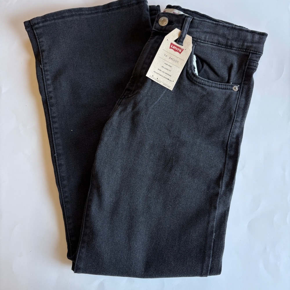 Levis Kids 94 Baggy Jeans Black High Rise Wide Leg Adjustable Waist 16 Regular